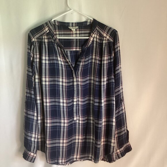 Bass Plaid Button-Up Shirt – Smocked Shoulders, Roll Cuffs – Size XL - Picture 1 of 7